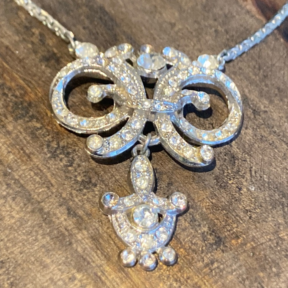 💋 Vintage Art Deco 15” Sterling 8 Necklace Bow Gemstone Rhinestone Pendant 💎 - Picture 2 of 13